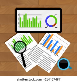 Analytics and statistics. Graph on tablet, financial research and analyzing annual statistic, vector illustration