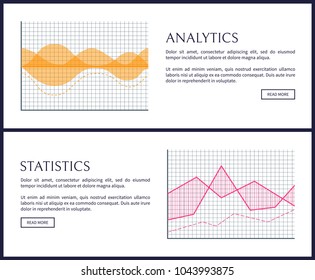 Analytics and statistics graphics Internet info pages. Wave and curve on coordinate systems. Graphics to display numeric data vector illustrations.