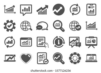 Analytics, Statistics icons. Set of Chart, Report document and Graph icons. Data analytics, Presentation chart and Communication. Global Statistics, hold document and checklist report. Vector