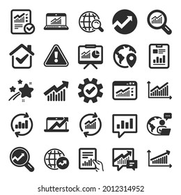 Analytics, Statistics icons. Set of Chart, Report document and Graph icons. Data analytics, Presentation chart and Communication. Global Statistics, hold document and checklist report. Vector