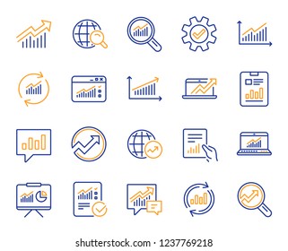 Analítica, iconos de línea de estadísticas. Conjunto de iconos Gráfico, Informe documento y Gráfico. Análisis de datos, Cuadro de presentación y Comunicación. Estadísticas globales, documento de retención e informe de lista de comprobación. Vector