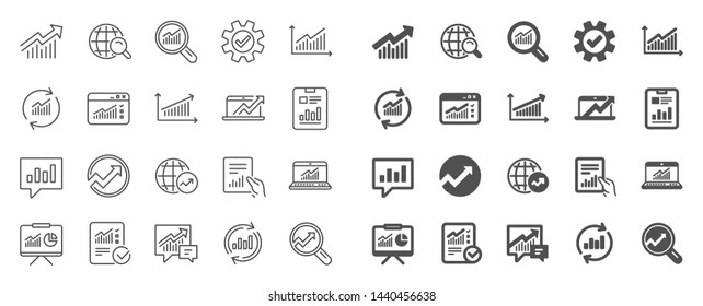 Analytics, Statistics line icons. Set of Chart, Report document and Graph icons. Data analytics, Presentation chart and Communication. Global Statistics, hold document and checklist report. Vector