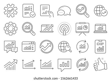 Analytics, Statistics line icons. Set of Chart, Report document and Graph icons. Data analytics, Presentation chart and Communication. Global Statistics, hold document and checklist report. Vector