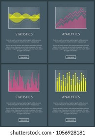 Analytics and statistics pages with button given text sample easy to edit business charts and analytics and statistics isolated on vector illustration
