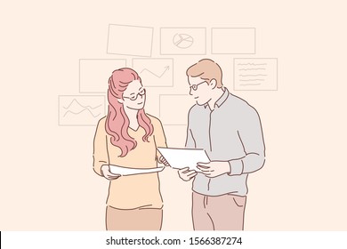 Analytics, statistics, planning, business partnership concept. Young people, man and woman, businessmen conduct analysis, development strategy, improvement together. Teamwork at office. Flat vector.