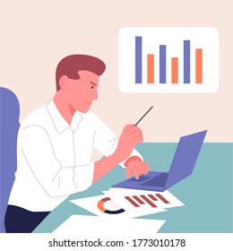 Analytics, statistics, planning, business partnership concept. Young people, man conduct analysis, development strategy. Flat vector.