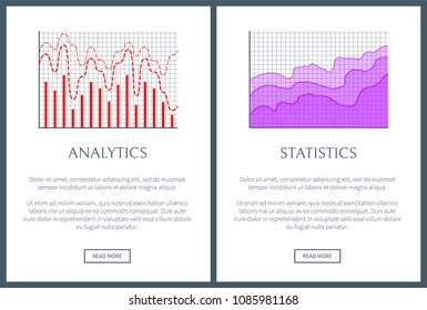 Analytics and statistics representation set. Wavy line with curves and vertical bars that shows analytical and statistical data vector illustrations