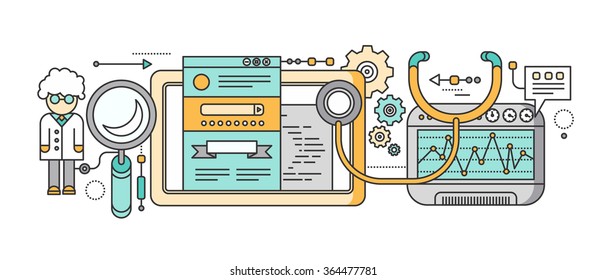 Analytics statistics seo. Video marketing concept. Optimization statistic business, media management, strategy planning, promotion content, seo concept. Seo thin, lines, outline flat icons. Vector seo