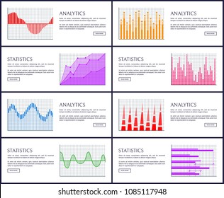 Analytics and statistics set of internet sites with growing and falling lines on analytical and stats charts vector illustration isolated on white