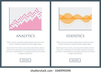 Analytics and statistics set, web sites collection with text sample and headlines, curved lines, buttons, analytics and statistics vector illustration