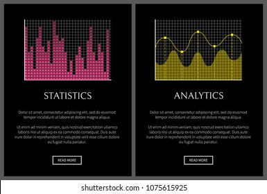 Analytics and statistics web pages collection with text sample, letterings and business charts, vector illustration, isolated on black background