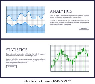 Analytics and statistics web pages with information concerning analytics and statistics, text sample and headline isolated on vector illustration