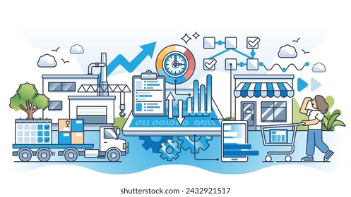 Los análisis en la cadena de suministro y la mejora efectiva del proceso esbozan el concepto. Agilidad empresarial o automatización inteligente para una ilustración vectorial del sistema de gestión de pedidos rápida y justo a tiempo. Entrega de pedidos