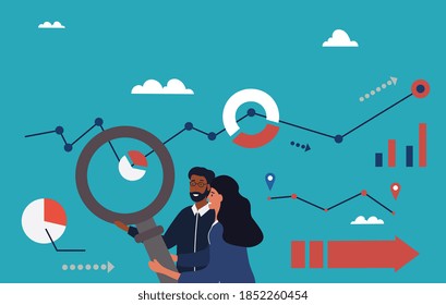 Analytics team with abstract concept with business charts and magnifying glass over a blue background, colored flat cartoon vector illustration with fictional characters