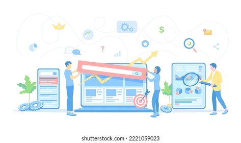 Analytics team works with the site page. Website Optimization, Analysis, Content writing, Keywording, Reporting, Design, SEO, Links building. Vector illustration flat style.	
