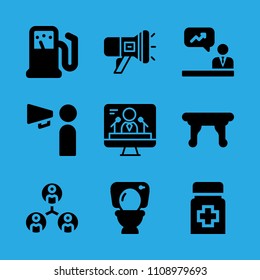 analytics, television, megaphone, gas station, toilet, promoting, collaboration, table and medicine vector icon. Simple icons set