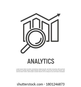 Analytics Thin Line Icon, Sales Statistics, Data Visualisation. Graph Of Growth With Magnifier. Financial Report. Modern Vector Illustration.