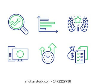 Analytics, Time management and Recovery computer line icons set. Horizontal chart, Ranking and Accounting wealth signs. Audit analysis, Office clock, Backup info. Presentation graph. Vector