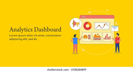 Analytics tool dashboard, marketing report analysis, data marketing strategy, business data - conceptual creative vector illustration