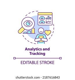 Analytics And Tracking Concept Icon. Customer Engagement Platform Feature Abstract Idea Thin Line Illustration. Isolated Outline Drawing. Editable Stroke. Arial, Myriad Pro-Bold Fonts Used