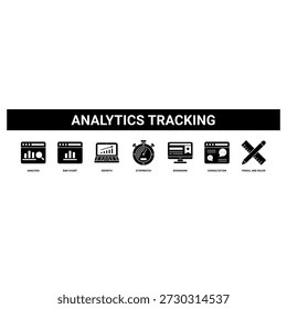 Analytics Tracking web banner icon set collection solid style.