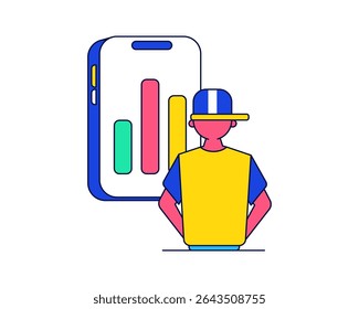 Analytics User Flat design style, male figure with financial chart on smartphone, ideal for fintech UI, dashboard, or mobile app design.