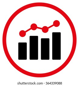 Analytics vector icon. Style is bicolor flat circled symbol, intensive red and black colors, rounded angles, white background.