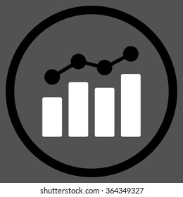 Analytics vector icon. Style is bicolor flat circled symbol, black and white colors, rounded angles, gray background.