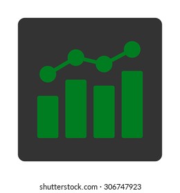 Analytics vector icon. This flat rounded square button uses green and gray colors and isolated on a white background.