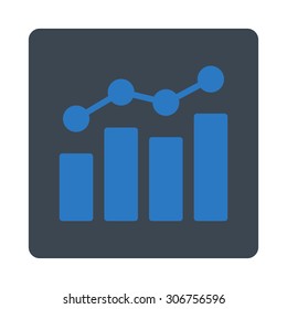 Analytics vector icon. This flat rounded square button uses smooth blue colors and isolated on a white background.
