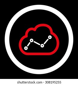 Analytics vector icon. This flat rounded symbol uses red and white colors and isolated on a black background.