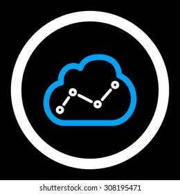 Analytics vector icon. This flat rounded symbol uses blue and white colors and isolated on a black background.