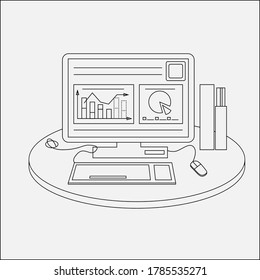 Analytics vector illustration. Linear artwork of computer with diagrams. Business workplace.