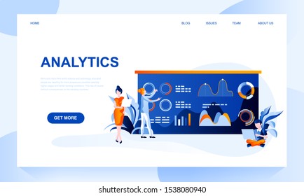 Analytics vector landing page template with header. Statistics research web banner, homepage design with flat illustrations. Business development, economic strategy web site layout