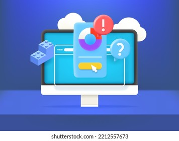 Analytics via modern computer. Vector 3d banner 