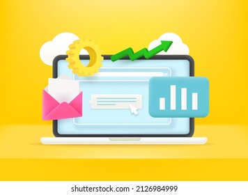 Analytics via modern laptop. Vector 3d banner 