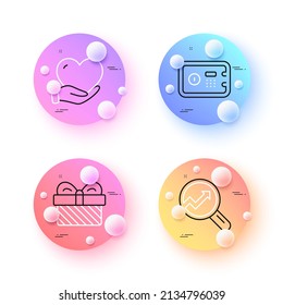 Analytics, Volunteer and Safe box minimal line icons. 3d spheres or balls buttons. Gift icons. For web, application, printing. Audit analysis, Social care, Deposit. Present. Vector