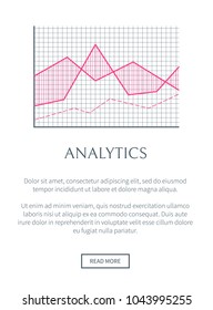 Analytics web page text sample easy to edit, analytics and graphical chart of pink color, button and headline vector illustration isolated on white