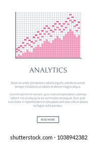 Analytics web site and text sample, button saying read more and business chart, analytics page, vector illustration, isolated on white background