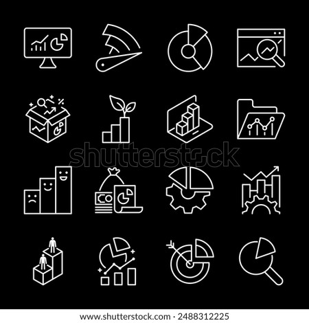 Analytics, white line icons. Columns, diagrams, and visual data presentations. Perfect for statistical analysis and business reports. Symbols on black background. Editable stroke.