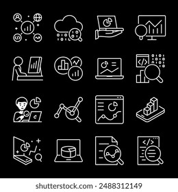 IT analytics, white line icons. Data analysis, big data processing, and visualization tools. Essential for technology and business intelligence visuals. Symbols on black background. Editable