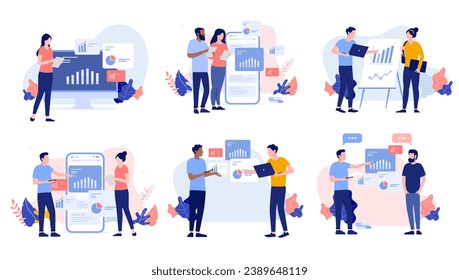 Analytics work collection - Set of illustrations with businesspeople working looking at graphs, diagrams and data. Analysing finances and business result concept in flat design vector