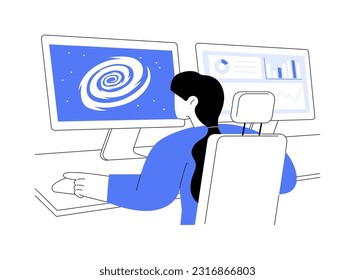 Analyze astronomical data abstract concept vector illustration. Astrophysicist making mathematical calculation in office, space science, astronomical data visualization studies abstract metaphor.