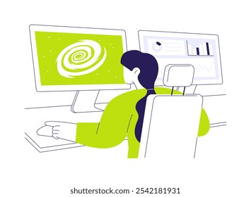 Analyze astronomical data abstract concept vector illustration. Astrophysicist making mathematical calculation in office, space science, astronomical data visualization studies abstract metaphor.