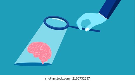 Analyze the brain. businessman looks at the human brain with a magnifying glass