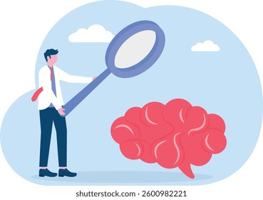 Analyze the brain. businessman looks at the human brain with a magnifying glass
