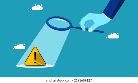 Analyze the cause of the problem. a businessman with a magnifying glass checks the exclamation mark