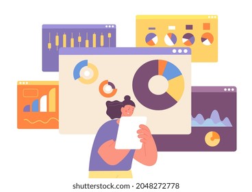 Analyze chart. Statistic data, development finance research. Woman study financial graph, chart and diagram. Digital business system utter vector scene