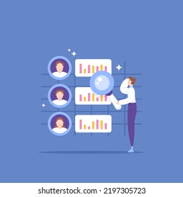 analyze and check the performance of employees or workers. a manager or HR staff see statistical data on employee performance. selecting candidates or members. illustration concept design. graphic