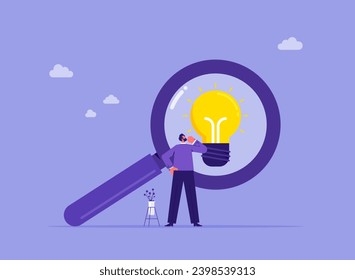 Analyze and choose best business idea concept, discover ideas, businessman looking at idea light bulb from magnifying glass